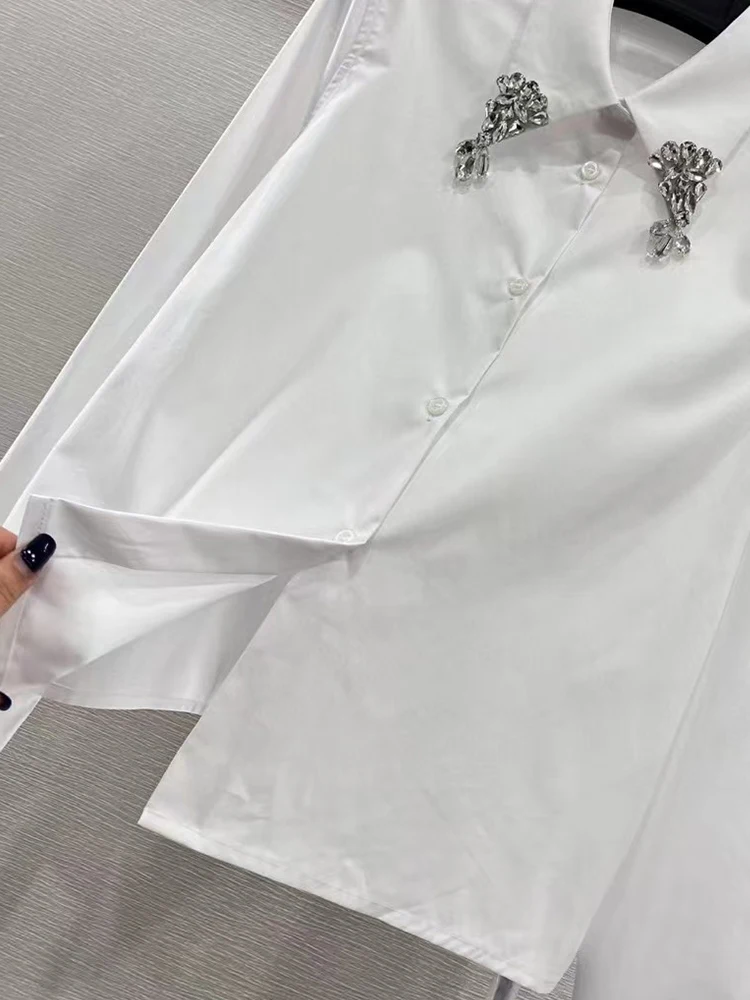 Chemise droite à revers de perles clouées pour femmes, chemise courte en coton, artisanat lourd, tout à la mode, nouveau, printemps 2025