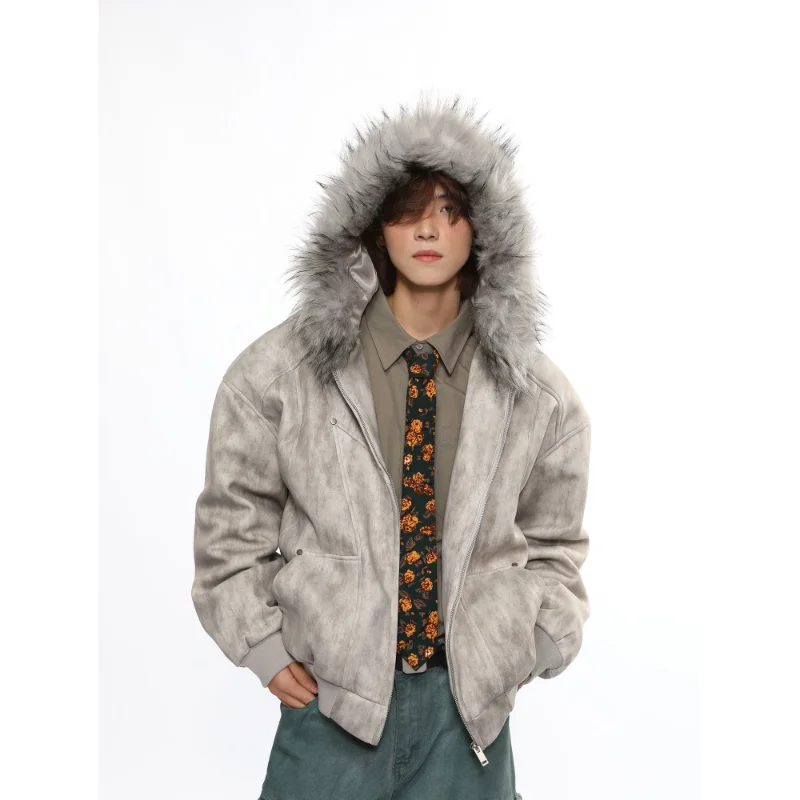 Autumn Winter Faux Fur Parkas with Hoooded Women and Mens Couple Clothing 2000s American Vintage Jackets Coats Punk Harajuku