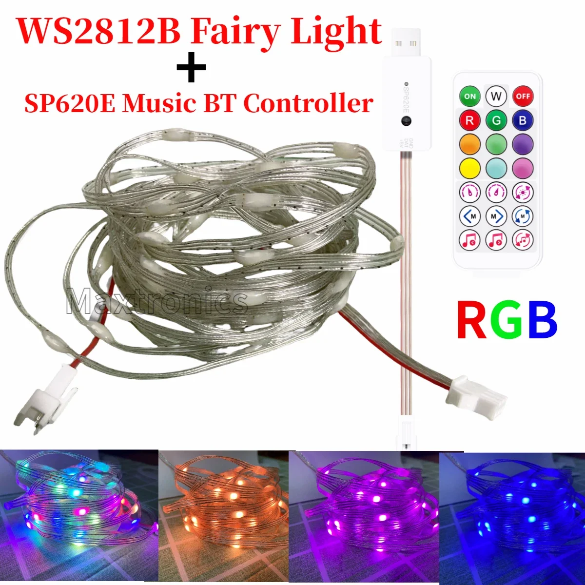 Luz de hadas LED RGB, controlador de música Bluetooth, enchufe USB y control remoto IR para decoración de fiesta de cumpleaños, 5m por lote, DC5V, WS2812B, SP620E