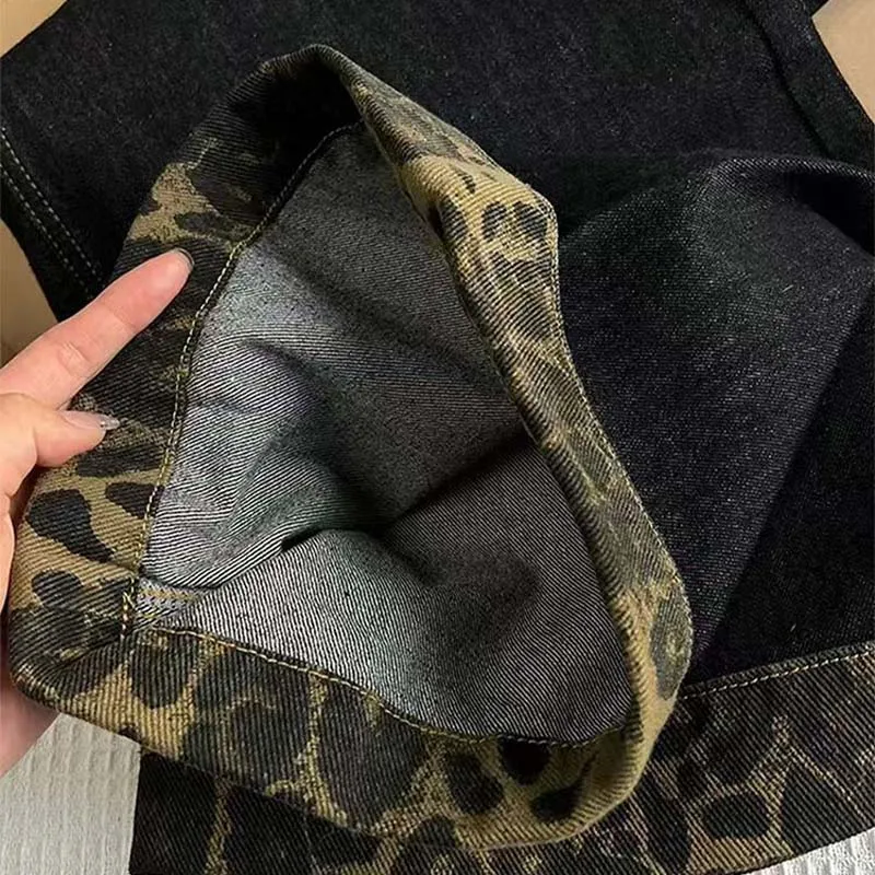 레트로 레오파드 프린트 여성용 청바지 가을 패션 와이드 레그 팬츠 Y2K 걸 하이웨이스트 루즈 스트레이트 팬츠 캐주얼 데님 바지