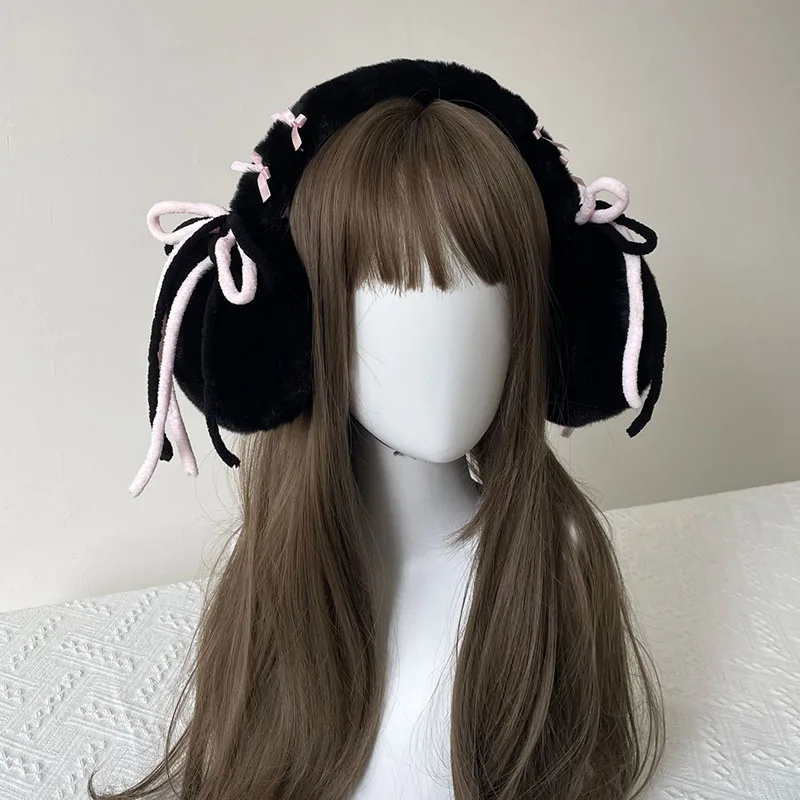 Kawaii Japanese Bow Earrings Plush Headwear Earmuffs JK Women Winter Warm Earplugs Cold Protection Ear Cover Cycling Accessories