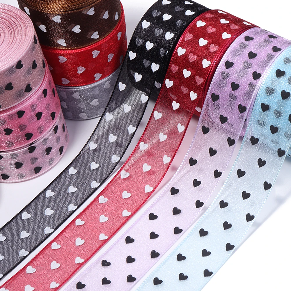 10 Yards 2,5 cm herzbedruckte Chiffonbänder, weiches Netzband für Hochzeitsdekoration, Geschenkverpackung, DIY-Schleifen und Haaraccessoires – Detail 3