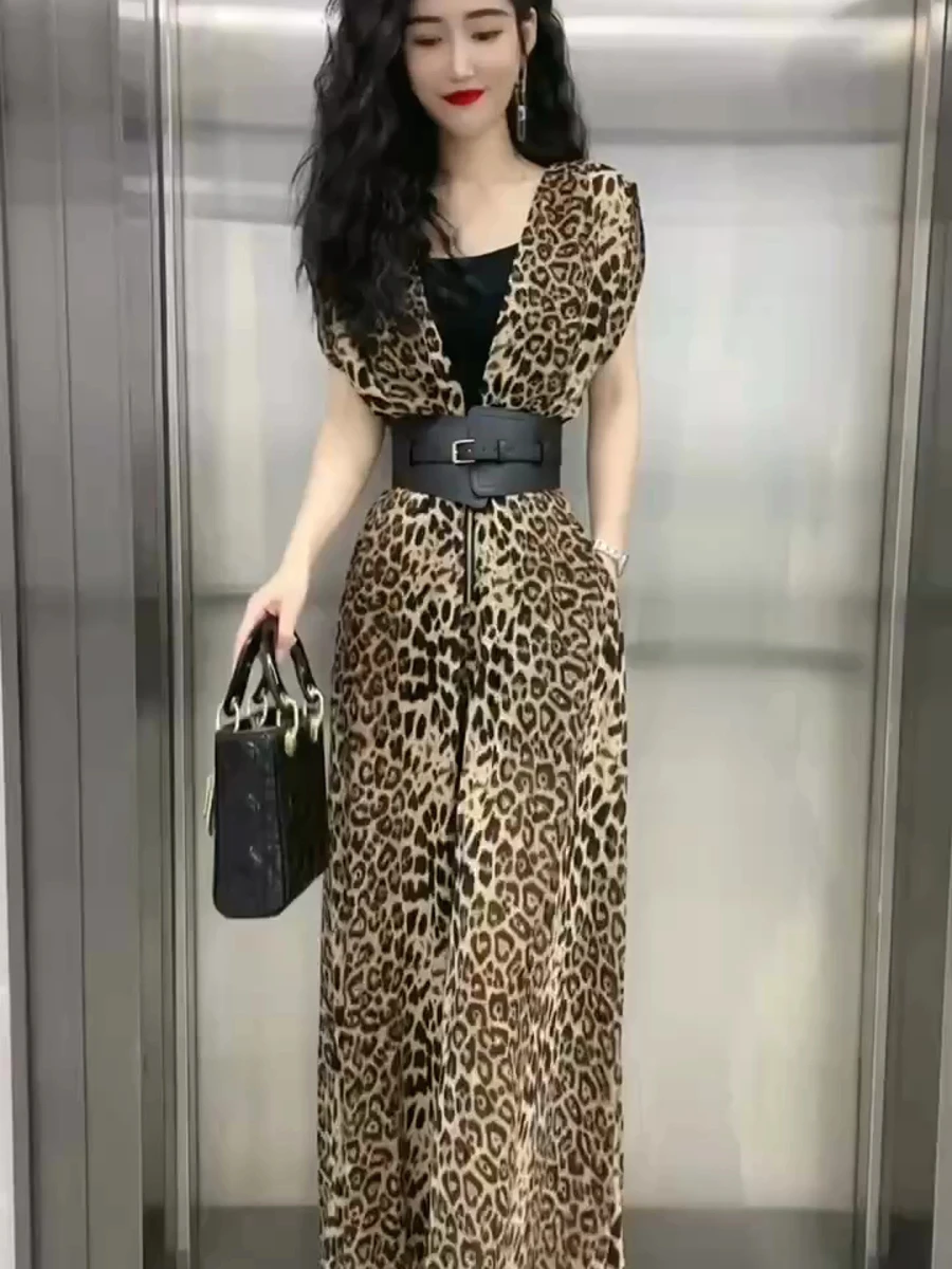 ชุดสูทลายเสือดาวแฟชั่น กางเกงขายาวทรงตรงเอวสูง ผ้าคุณภาพพรีเมียมสำหรับผู้หญิง