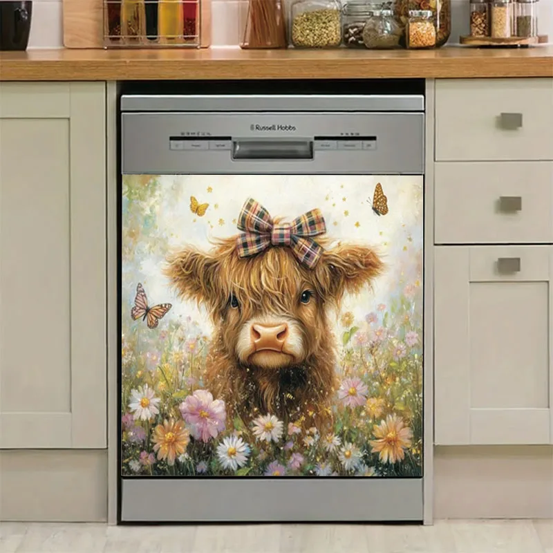 Highland Cattle Dishwasher Magnet - Removable, stain-resistant rubber trim with floral prairie and butterfly design, strong magn