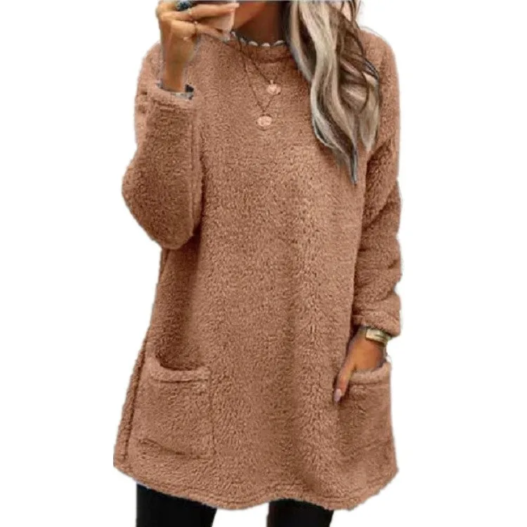 Long Sleeve Pocket Hoodie with Patchwork Elegant Commuting Women Sweatshirt Urban Loose Fit Round Neck Pullover Autumn Casual