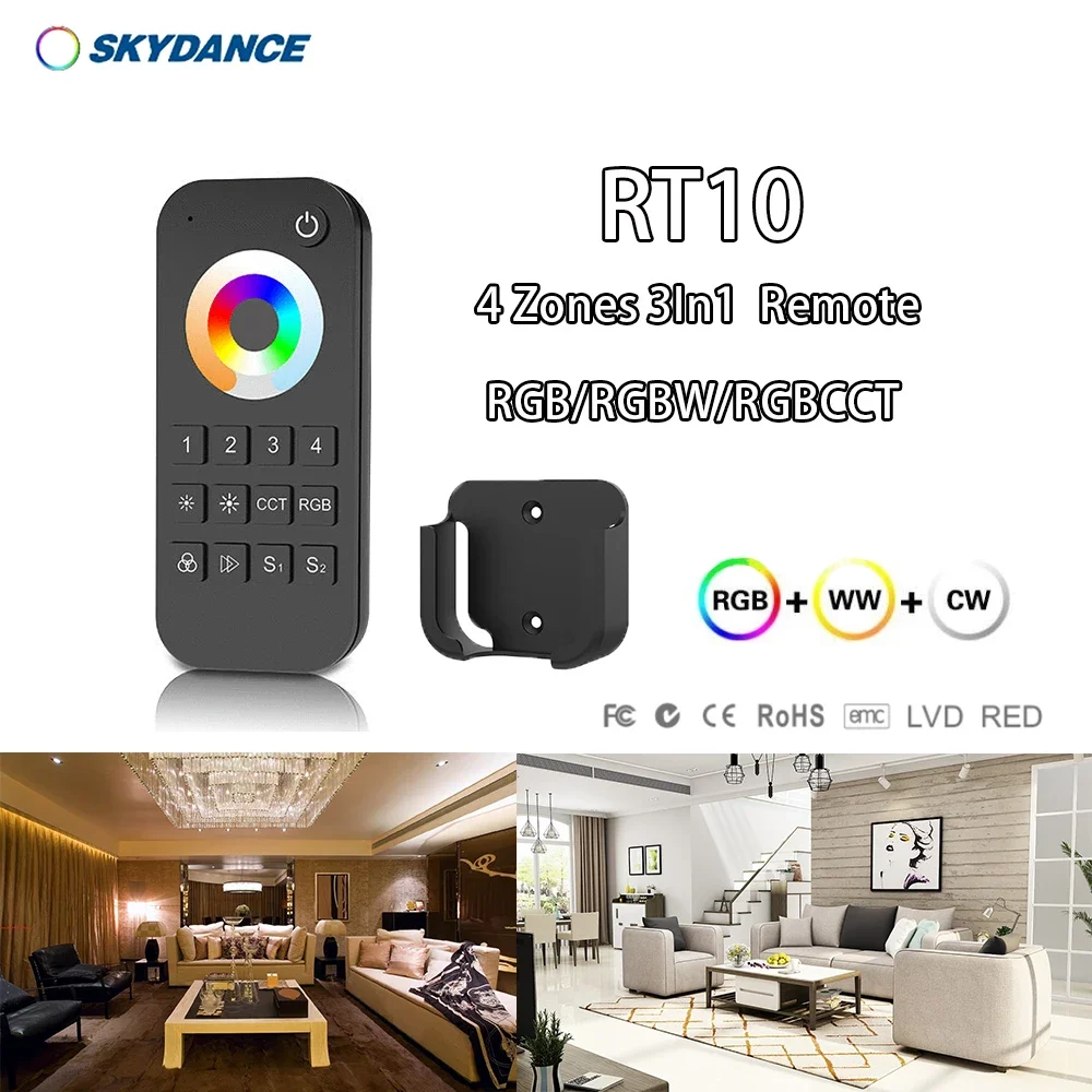 

RT10 4 Zone 3In1 RF(2.4GHz) Dimming Touch Wheel RF Remote Controller For RGB/RGBWRGBCCT/RGBCW LED strip or Module LED controller