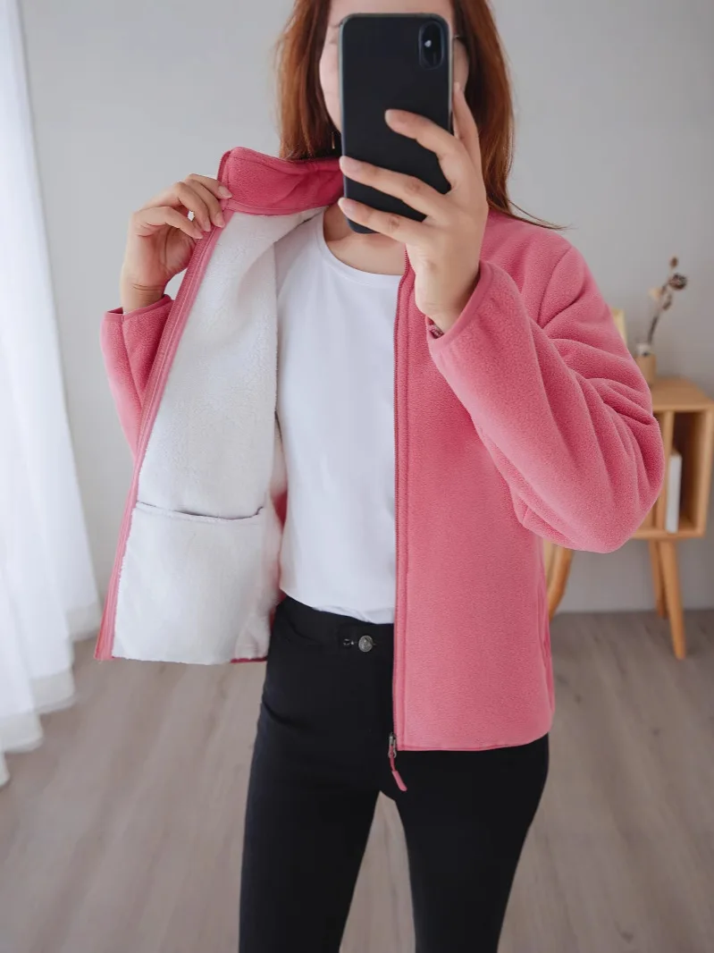 

New Fleece Women'S Outdoor Clothing Fashion Versatile Winter Leisure Sports Thickening Double-Sided Warm Coat Female Jacket