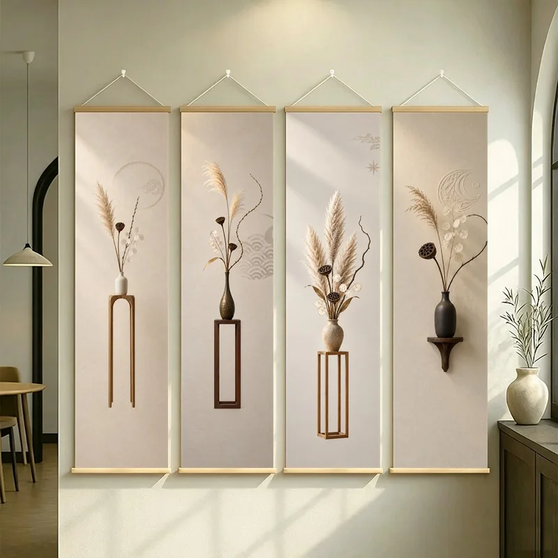 Neutral Botanical Wall Art 4-Panel Curved Grass and Seed Pod Vase Scroll Set on Cream Silver Shimmer Canvas for Calm Home Decor