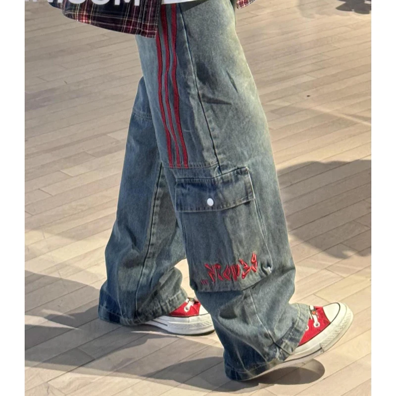 

Y2K Vintage Stripe Print Jeans Women New Loose Straight Distressed Ladies Denim Long Pants Hip Hop Wide Leg Street Female Bottom