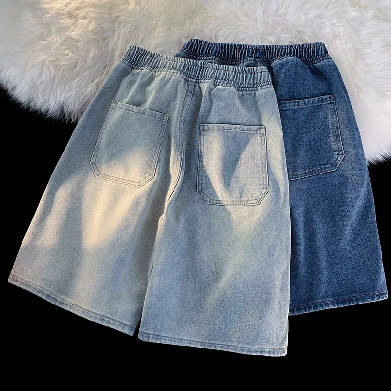 เอวสูงสีดํา Retro ล้างกางเกงยีนส์กางเกงขาสั้นผู้หญิง Harajuku Vintage แฟชั่น Casual หลวม Y2K Streetwear กลางยาวกางเกงขากว้าง