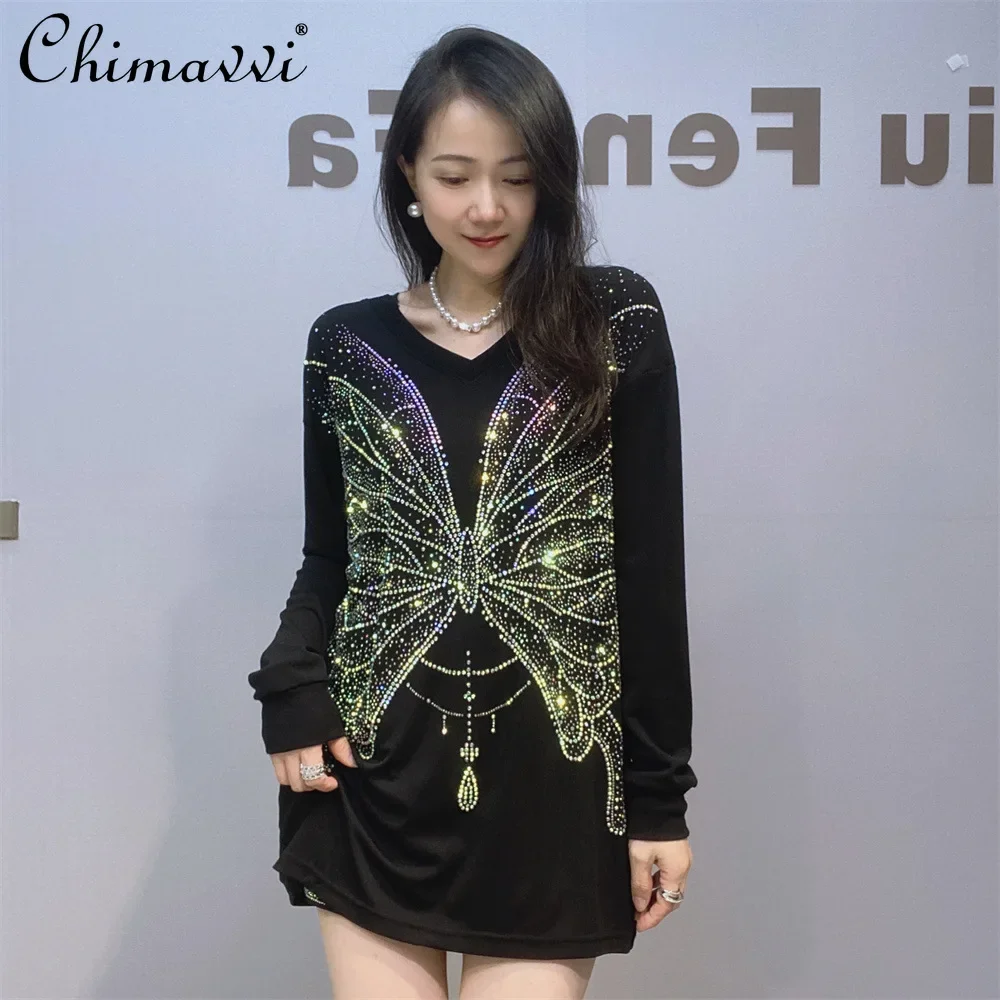 Fashion Heavy Double-sided Hot Diamond Golden Velvet Mid-length Pullover Top Women's 2024 Autumn Winter Long Sleeve T-Shirt