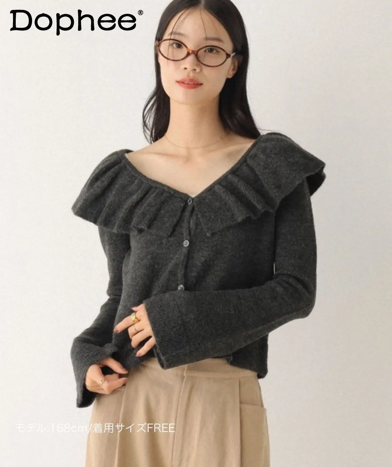 

2026 Spring New Japanese Style Sweet Cute Girl V-Neck Sweater Ruffled Long Sleeve Dark Gray Knitted Top