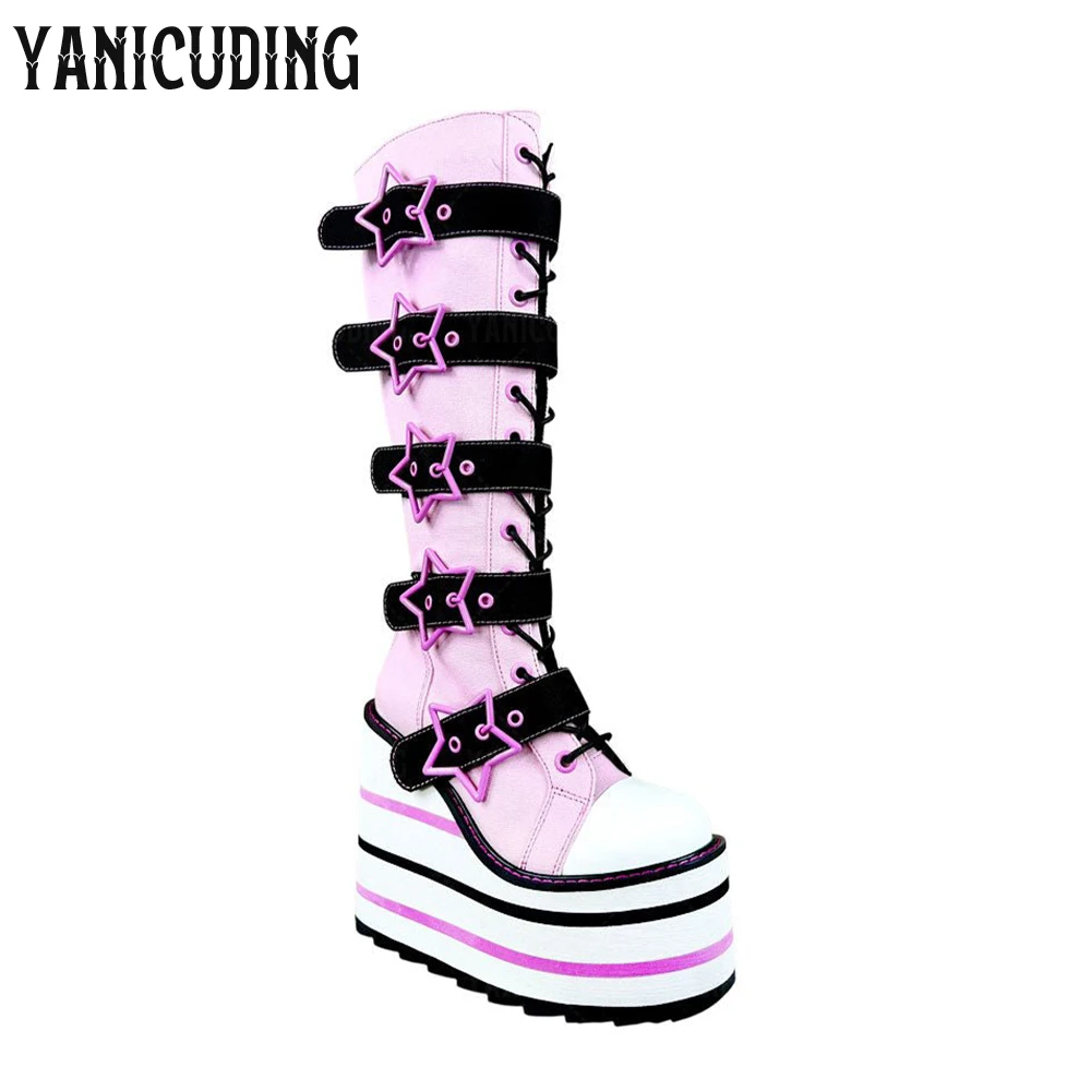 Silver Star Buckles Platform Knee Boots Black Canvas Wedge Boots Colorful Striped Heel Adjustable Straps Cosplay Boots for Women view 5