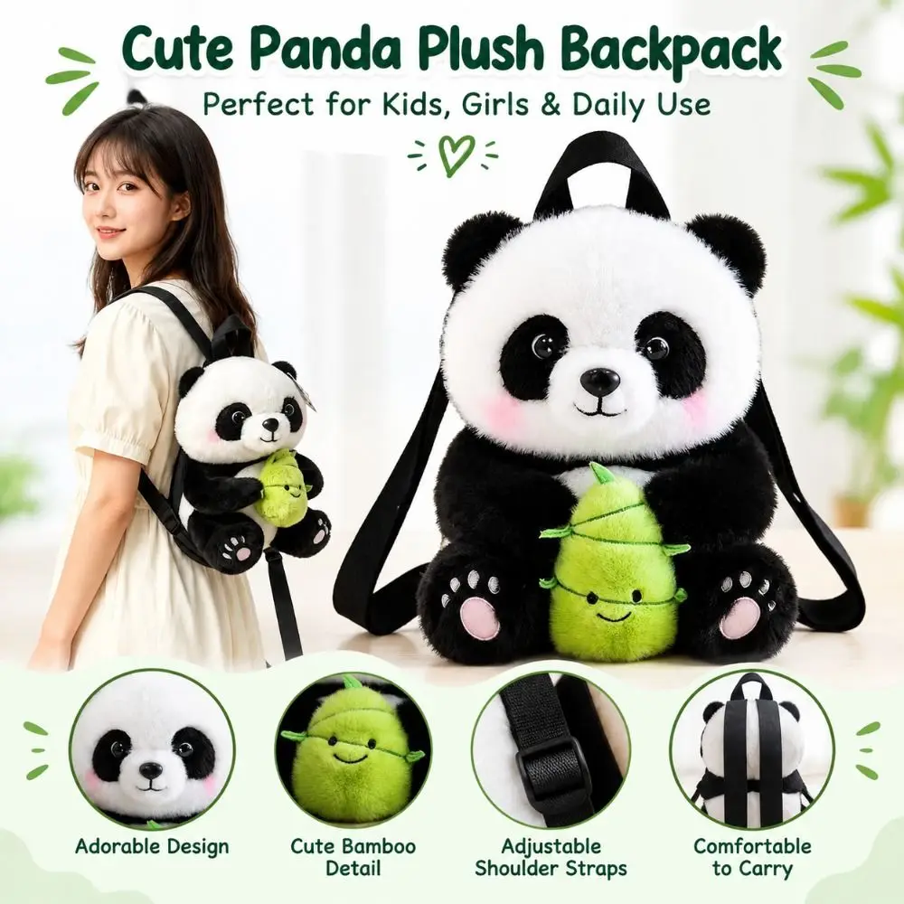 New Soft Panda Backpack Cartoon with Bamboo Shoot Cartoon Animal Backpack Cute Adjustable Doll Backpack for Girls