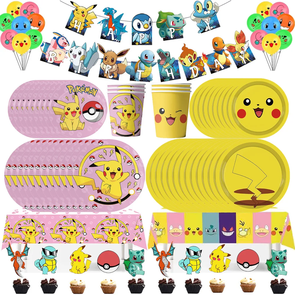 Decoración de fiesta de cumpleaños de Pokémon, vajilla desechable, plato y taza, pancarta, telón de fondo, globo de Pikachu relámpago, suministros para niños
