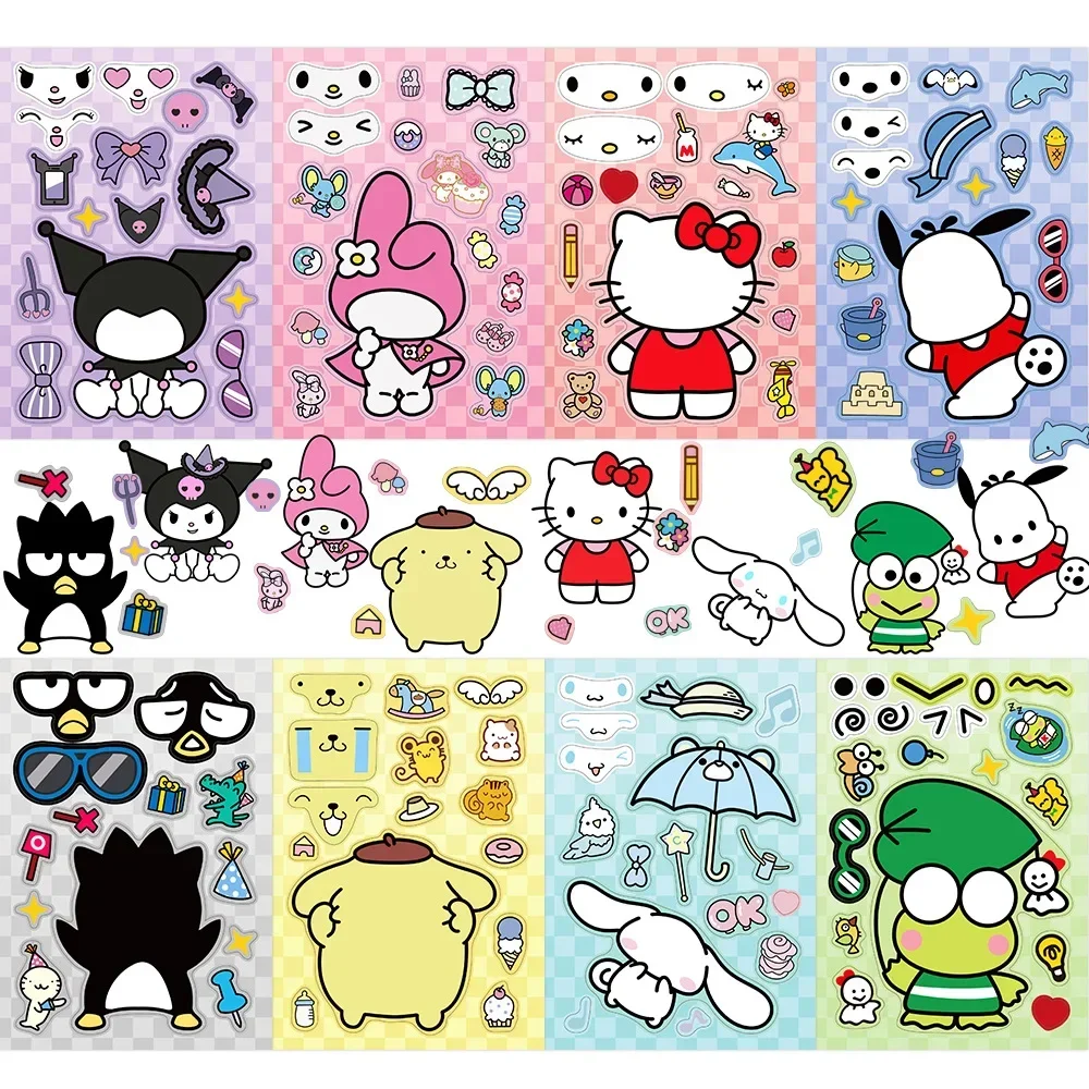 

8Sheets Children Make-a-Face Puzzle Stickers lovable Hello Kitty Kuromi Melody Kids DIY Assemble Jigsaw Game Kids Toys