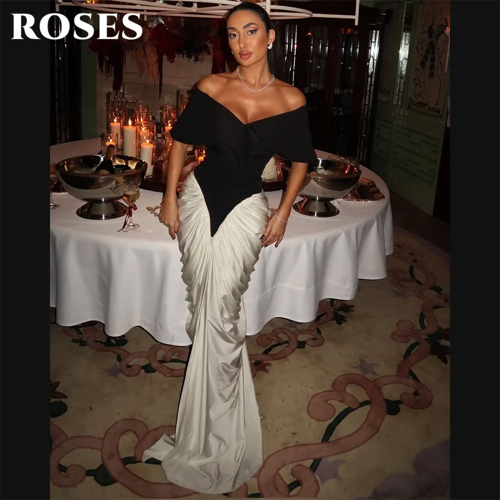 ROSES Black-White Evening Dress Satin Pleated Prom Dress Mermaid Party Formal Gown Off Shoulder robe de bal for Woman Customized