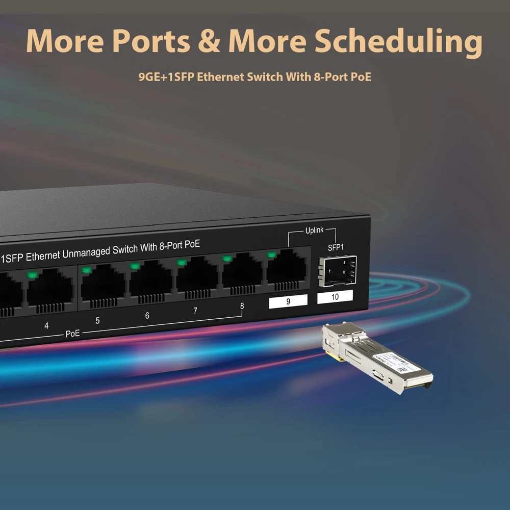 محول جيجابت PoE ذو 8 منافذ مع 8 منافذ PoE+@120W ومنفذ جيجابت الإرسال الواحد و1 فتحة SFP IEEE 802.3af/at مع كاميرا IP نقطة الوصول