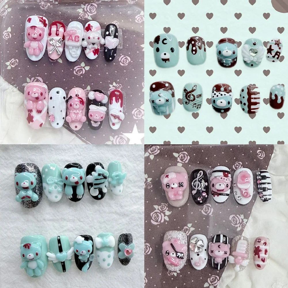 Cartoon Niedlicher Rosa Hase Dessert Liebesbär Ellipsen-Nagelkunst 3D Stern Schmetterling Knoten Flügel Punkt-Muster Künstliche Nägel Geburtstagsgeschenk