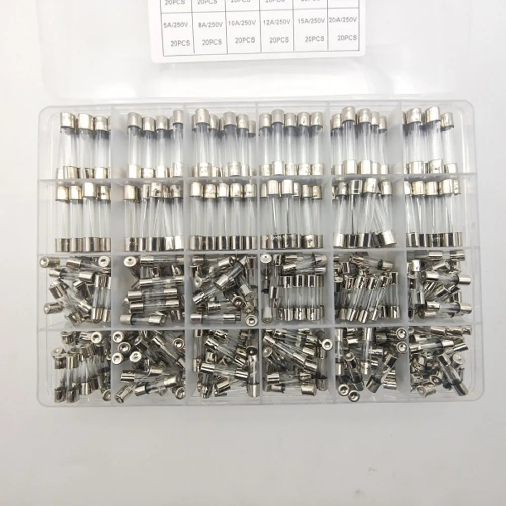 24 Values 360 pcs Fast-Blow Glass Fuses Assortment Kit 5x20mm 250V 0.25 - 20A 6x30mm 250V 0.5-20A  packag in a Clear Plastic Box