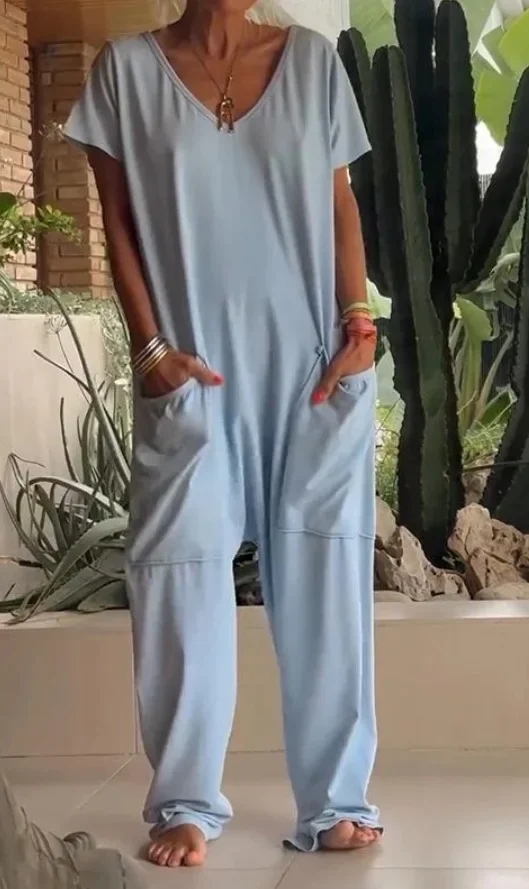 Loose Solid Color Jumpsuits Fashion Casual Women's Clothing 2025 Spring Summer New V-neck Short Sleeved Large Pocket Jumpsuits