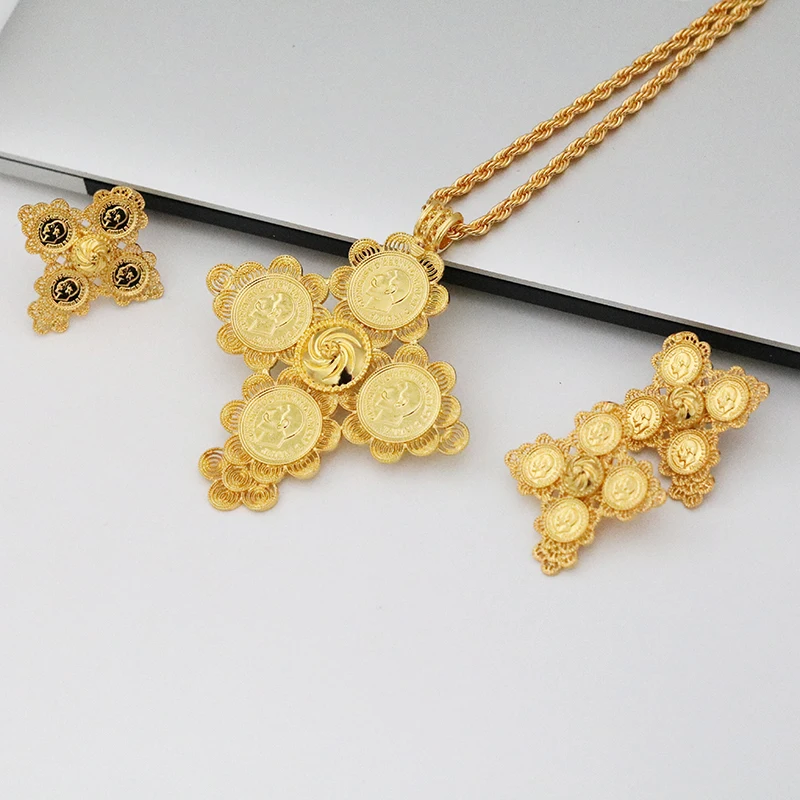 Dubai Ethiopian Cross Shape Gold Plated 3 Piece Jewelry Set Women Nigerian Luxury Necklace Jewelry Set Wedding Party Favors