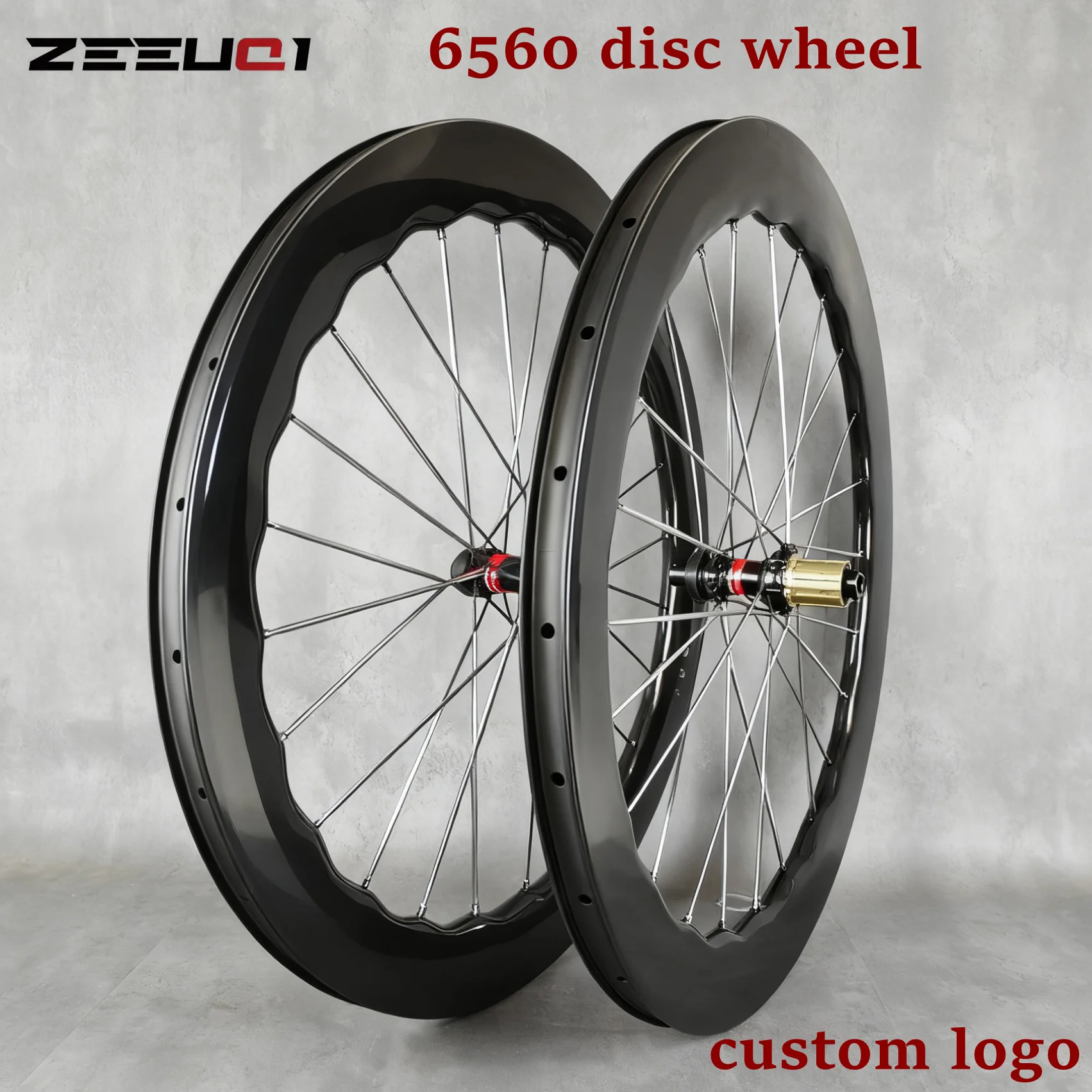 Carbon Road Bike Disc brake Wheelset , 6560mm depth wave,Tubeless, ceramic hub,UD Glossy,pillar 1423 spoke, Custom logo