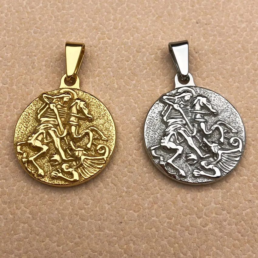 Hiphop Men St Christopher Coin Pendant 18K Gold Plated Saint George Pray For Us Jewelry Fashion Stainless Steel Necklace