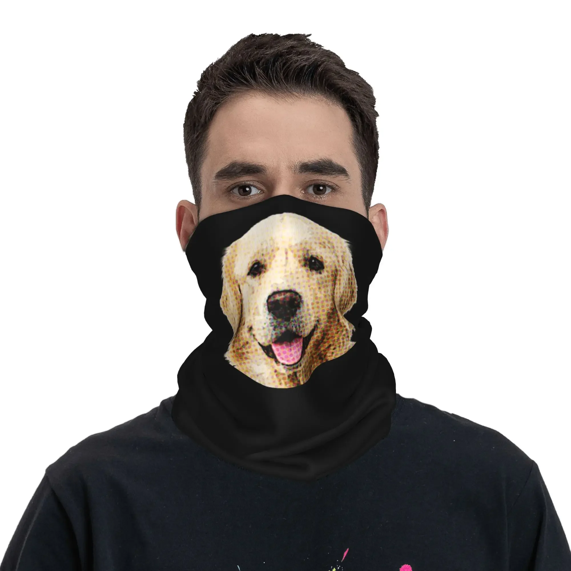 funny golden retriever face portrait Bandana Neck Cover Printed Wrap Scarf Multifunction Face Mask Riding Unisex Adult Winter