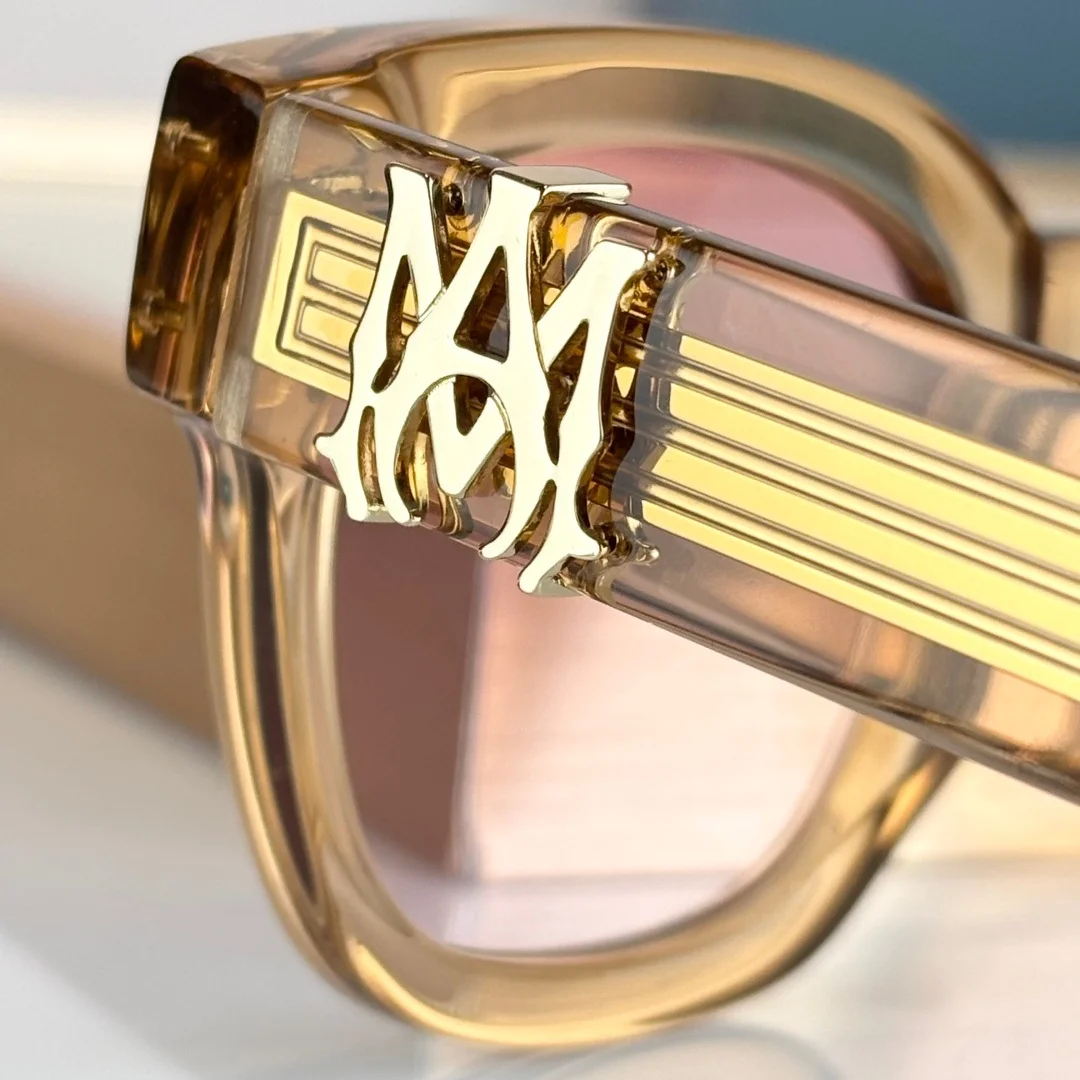 AMACSN1004 Sunglasses Man Woman,Unique Designer Square Eyewear,Translucent Brown Frame,Gold Logo Detail,UV400 Sun Shades
