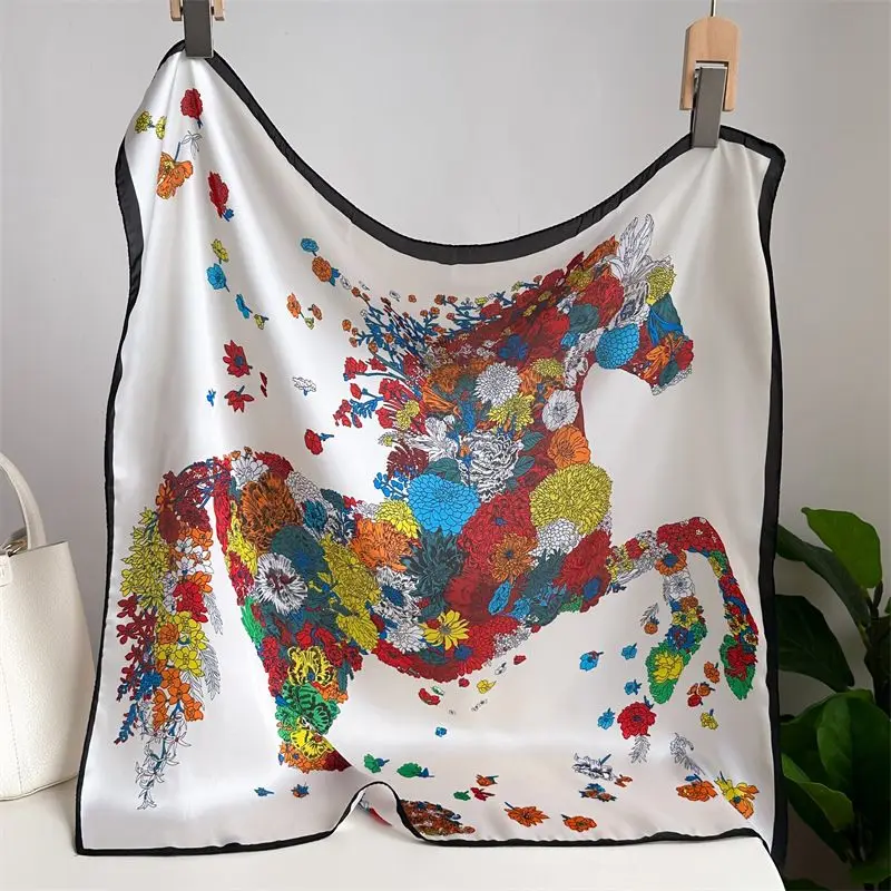 

New Fashion Floral Horse Print Scarf Soft Silk Like Square Scarf Stylish Head Wrap Korean Trendy Travel Scarf Hijabs for Woman