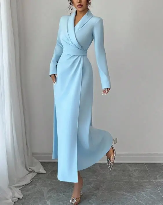 

Women's Dress Spring New Fashion Elegant Temperament Style Solid Color Slimming Lapel Tie Waist Cinched Long Sleeved Shirt Dress