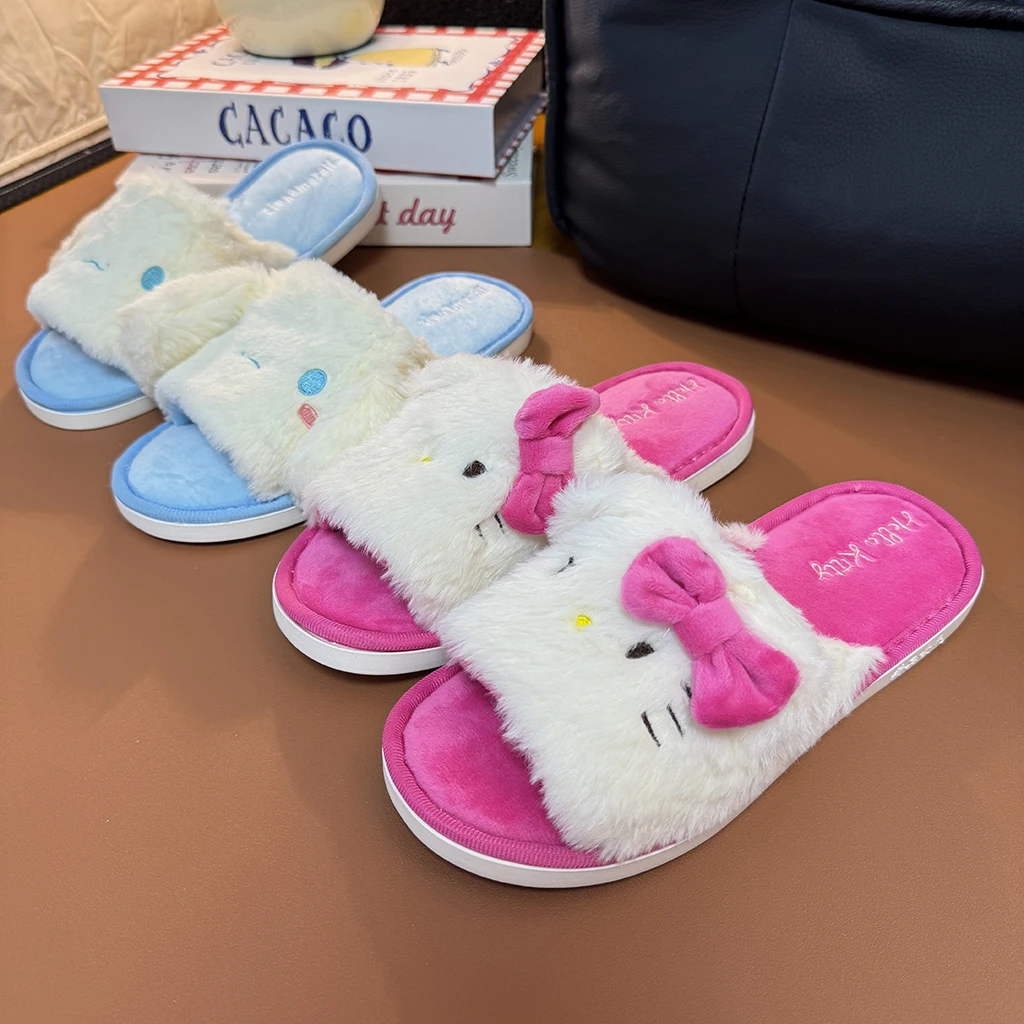 

Плюшевые тапочки с открытым носком из мультфильма «Hello Kitty Cinnamoroll», милые мягкие домашние тапочки в стиле аниме, женские нескользящие удобные тапочки на плоской подошве для девочек