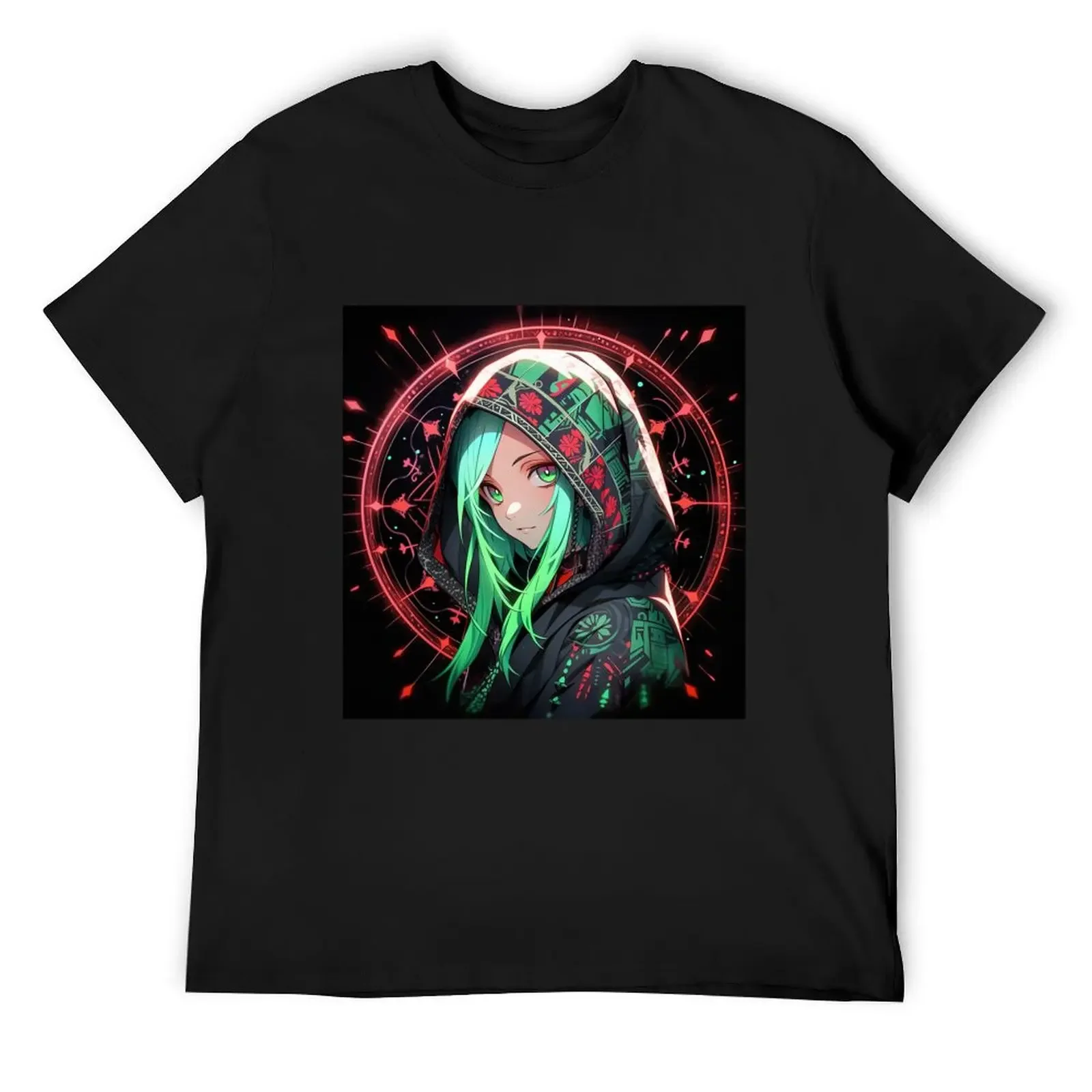 Mystical Hooded Green Hair Anime Girl T-Shirt boys animal print baggy shirts graphic t shirt vintage T-shirts for men cotton