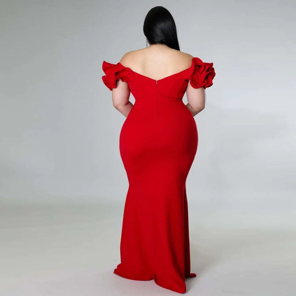 Plus Size Evening Dress Elegant Lady Ruffle Red Black Sexy Backless Large Sizes Women Party Formal Maxi Long Dresses Summer 2023