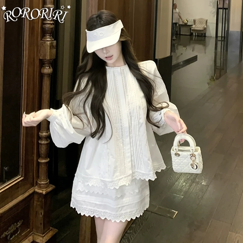 

RORORIRI Рубашка-юбка с кружевной отделкой, женский комплект из 2 предметов, плиссированная блузка с длинными рукавами, топ, мини-юбка трапециевидной формы, праздничная корейская одежда
