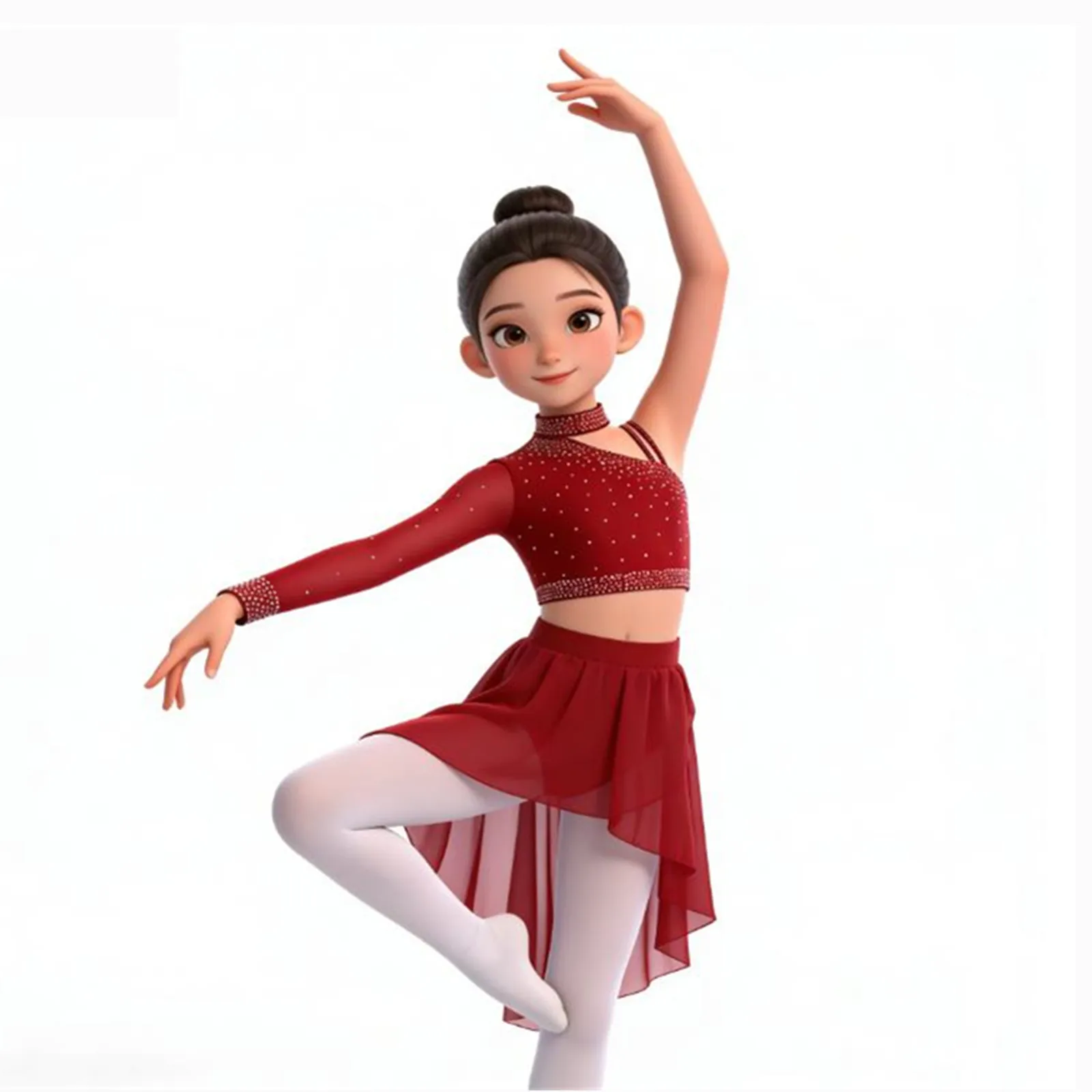 Kids Girls Ballet Lyrical Dance Performance Costume Sparkly Rhinestones Tops Irregular Shoulder Crop Top with High-Low Skirt