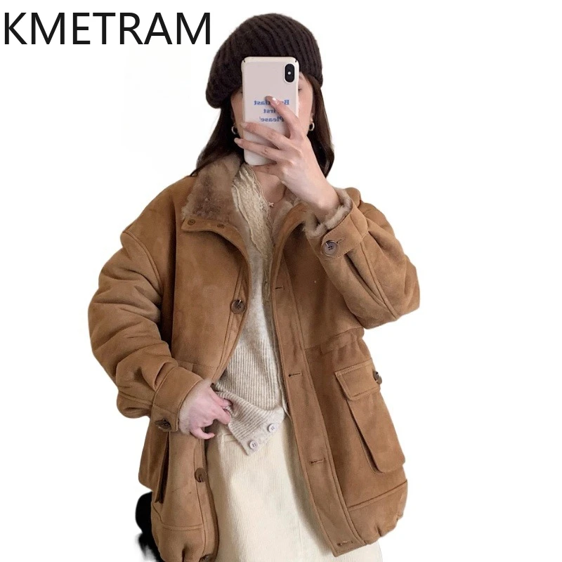 KMETRAM Natuurlijke Schapenvacht met Wol Aangesloten Bontjas Losse High-End Diepe Kameel Kleding 2025, Winter Vrouwen Jas vestes femmes