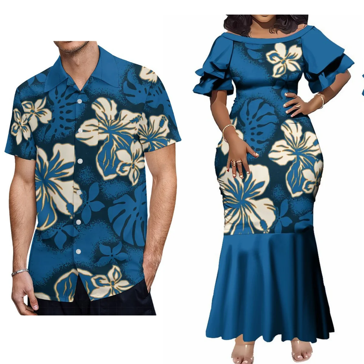 

2024 Island-Style Samoan Couple Suit Women'S Fishtail Sheath Dress Fashion Evening Dress Matching Men'S Shirt