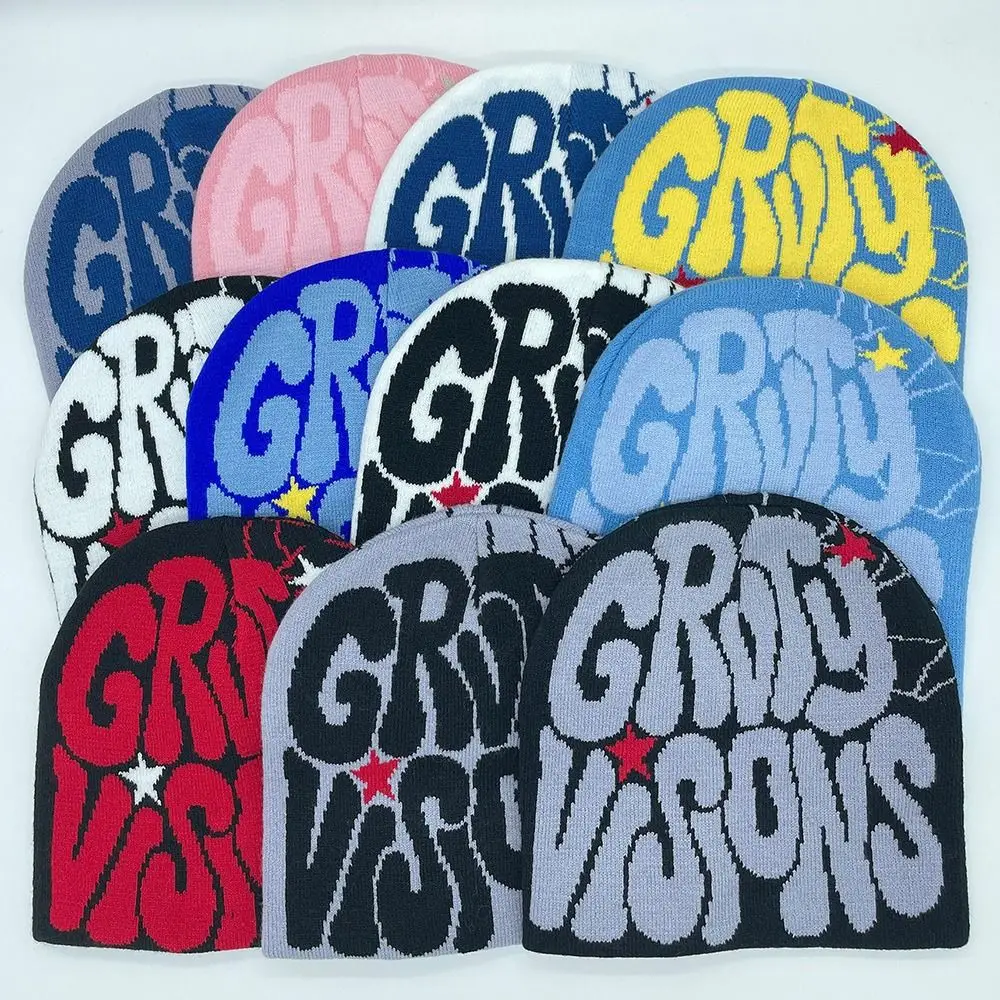 قبعة حياكة صوفية قوطية مع طباعة حروف ، قبعة هيب هوب دافئة ، غطاء رأس خارجي ، قبعة صغيرة Y2k ، قبعة أكريليك