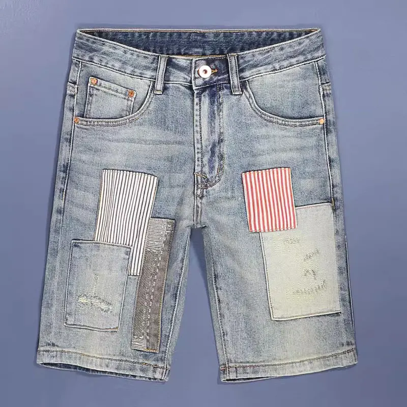 Fashionable Summer Men's Jeans Vintage Washed Light Blue Elastic Slim Fit Split Jeans Shorts Perforated Designer Vintage Jeans S