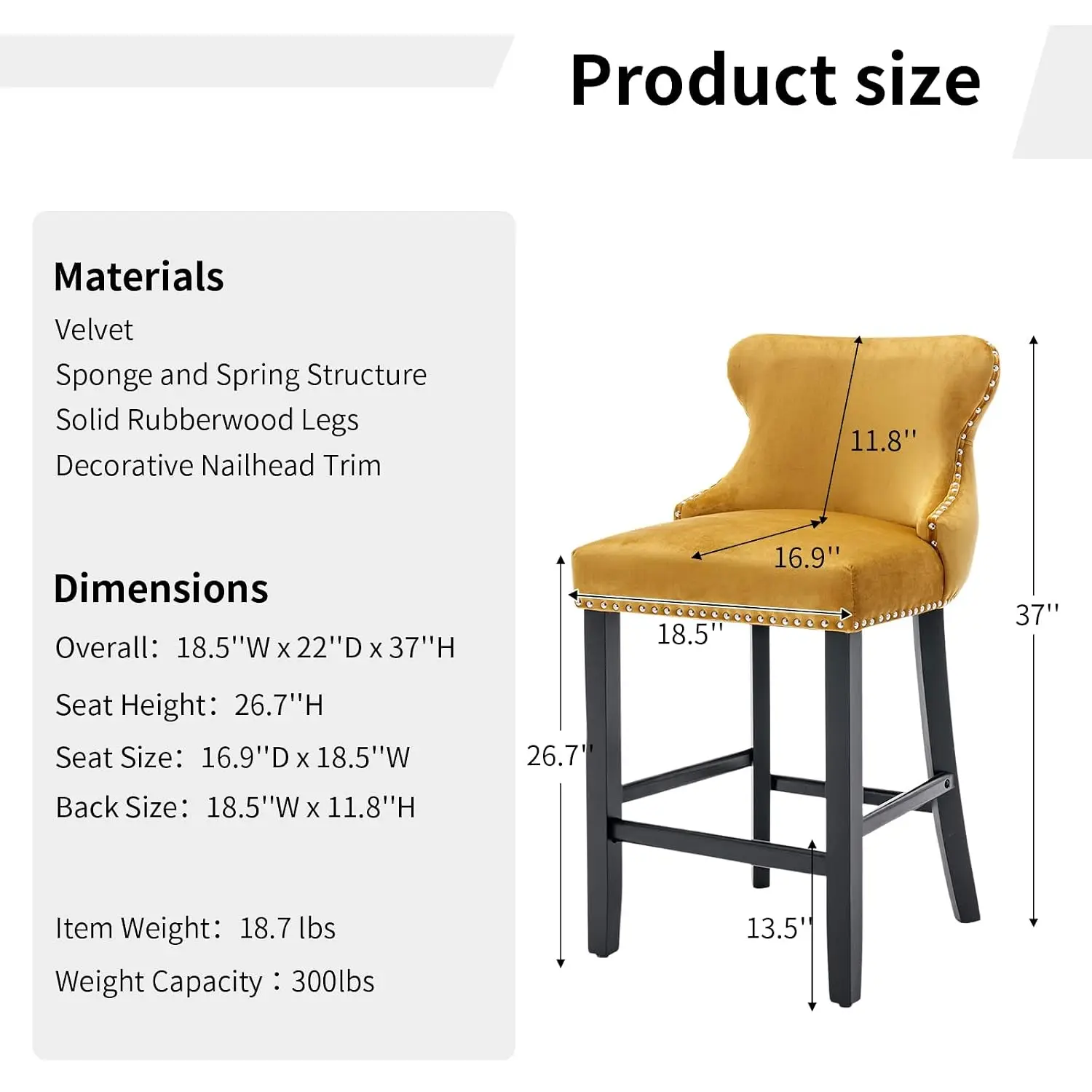 Counter Height Bar Stools Set of 4, Yellow Wood Bar Stools for Kitchen Island, Modern Barstools with Button Tufting, Customized