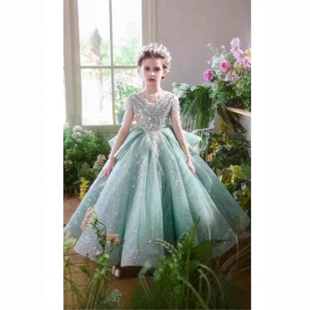 Elegant Girls Formal Dress Floral Green Evening Gown Little Wedding Flower Girl Piano Gown Miss Birthday Party Princess Pageant