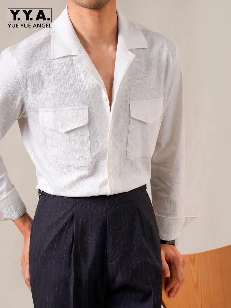 

Italian Vintage Casual Mens Shirts Turndown Collar Long Sleeve Spring Summer Breathable Business Casual Single Breasted Tops