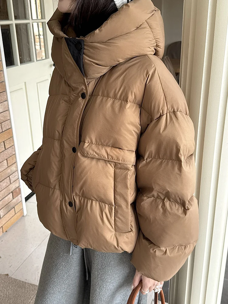 

Winter Big Pocket Solid Hooded Quilted Jacket Women 90 White Duck Down Parker Outwear Coat Female Loose Warm Short Down Jacket
