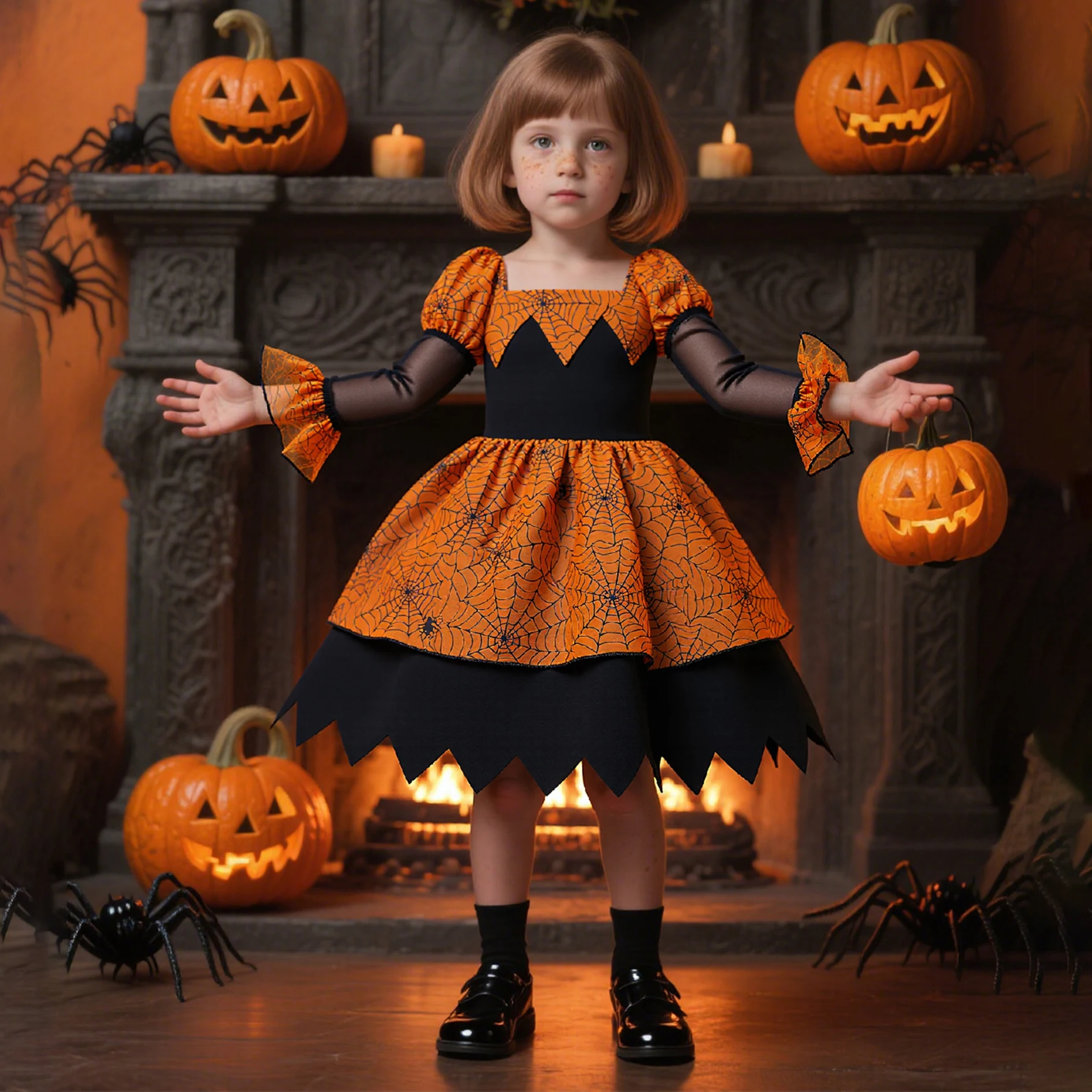Spinnennetz Halloween Cosplay Kostüm für Mädchen Karneval Weihnachten Langarm Party Geburtstag Ballkleider Mädchen Kinder Kleidung