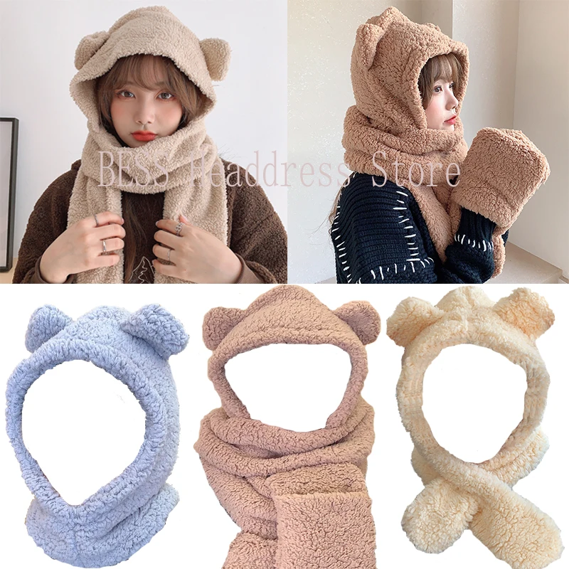 

Шапка-бини с шарфом и перчатками, теплая, Повседневная