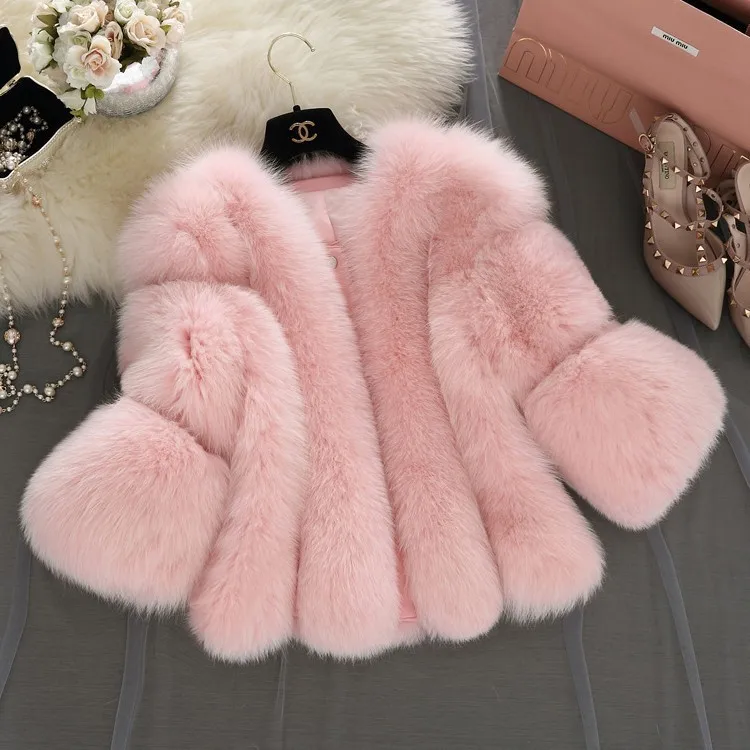 Faux Fur Coat Women Jacket Short Fox Fur Patchwork 7/8 Sleeve Artificial Fur Coat Female Outerwear