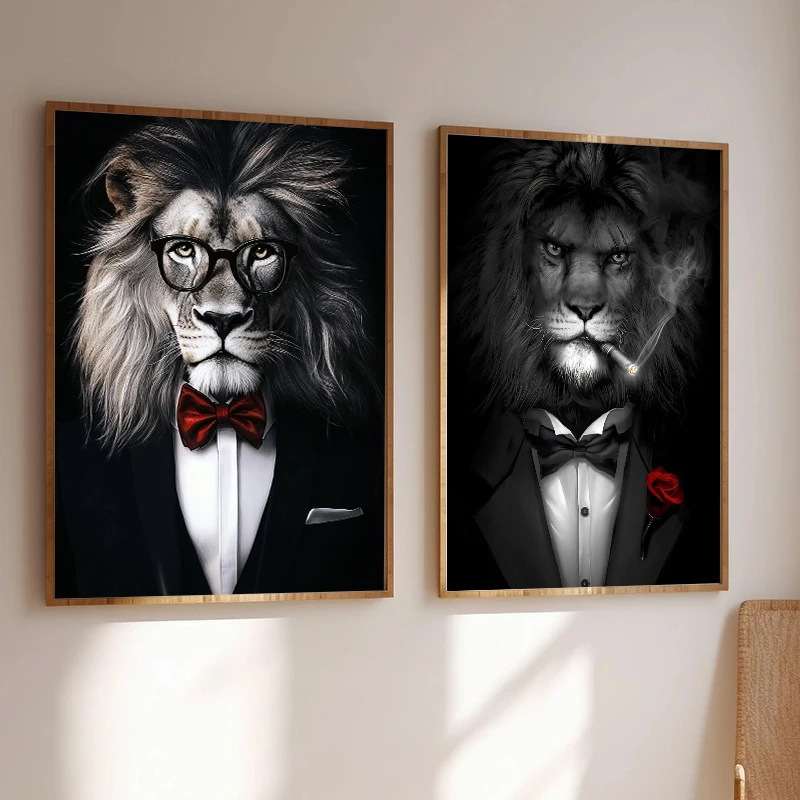 Lion Man Smoking Cigar in Suit Canvas Painting Print Noble Maned Lion Poster Wall Art Picture for Living Room Home Decor Cuadros