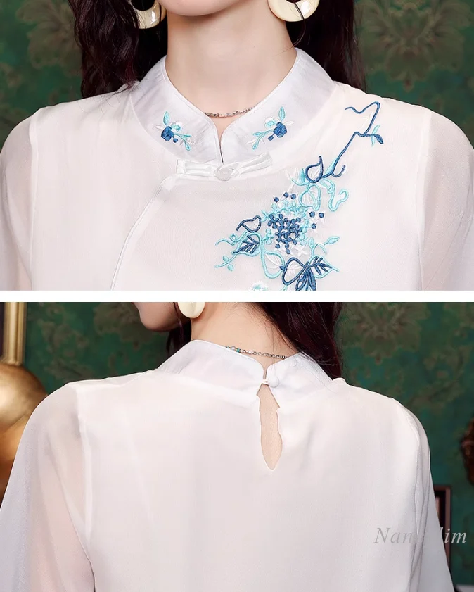 New Chinese Style Embroidery Cheongsam Shirt Women's Summer Top 2024 New Elegant Short-Sleeved Chiffon Blouse High-Grade Blusas